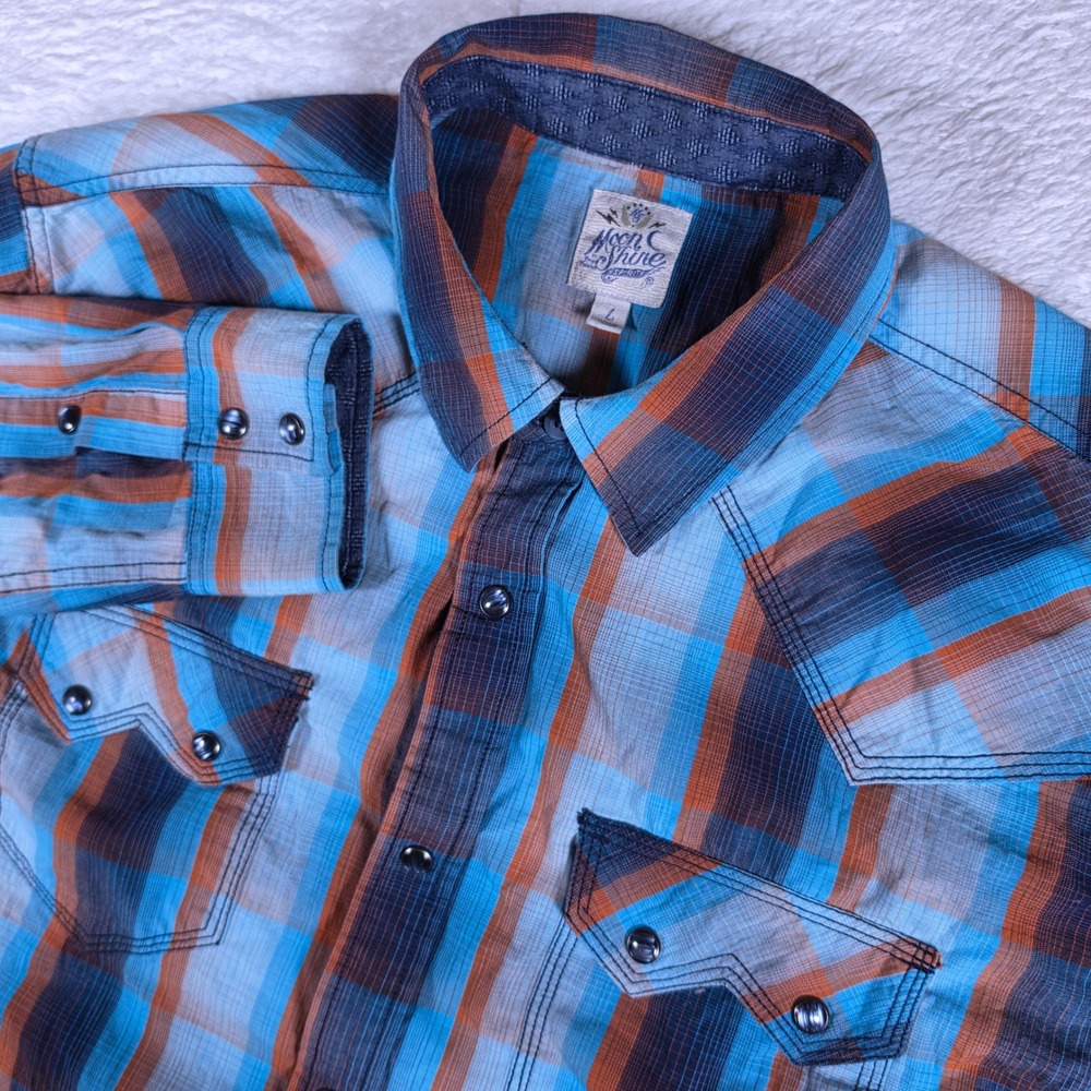 Moonshine Spirit MSSP22W21 Mens L Blue Orange Plaid L/S Western Button Up Shirt